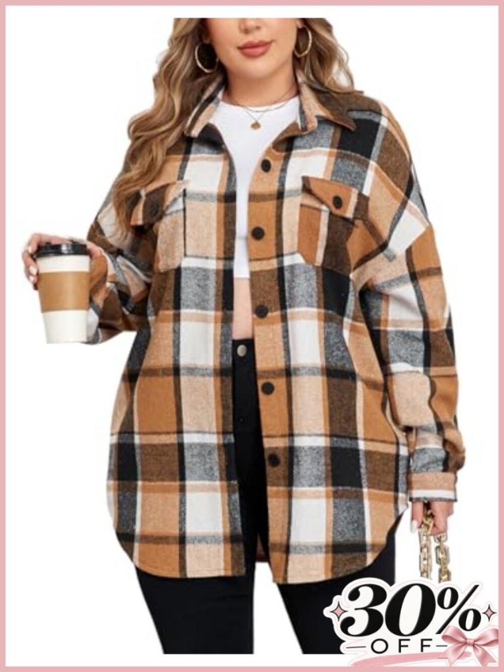 Plus Size Flannel Plaid Shacket Oversized Button Down Jacket
